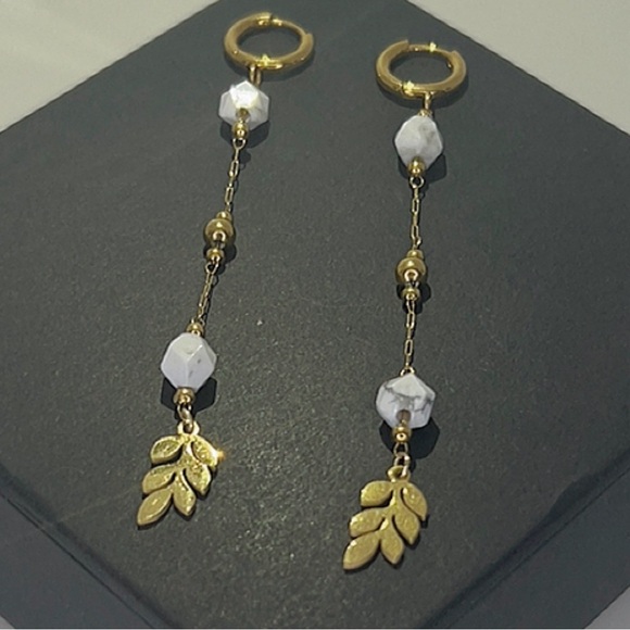 Natural Howlite Beaded Ear Huggies w Olive Leaves 18k Gold🌿 - Picture 4 of 4